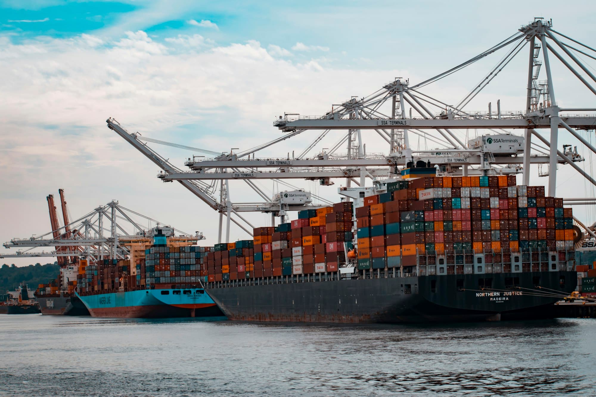 Aerial view of a container ship at sea